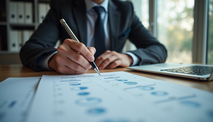 Vista a livello degli occhi di un imprenditore che valuta attentamente un documento con priorità aziendali