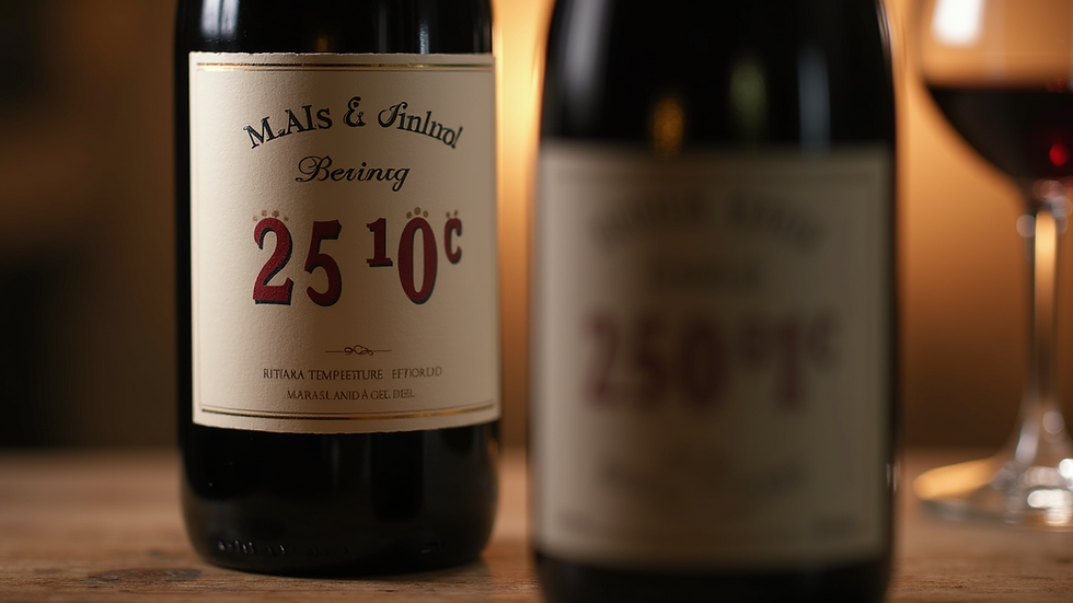 Close-up view of a wine bottle with a label showing the ideal serving temperature