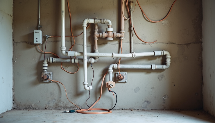 Vista dall'alto di tubazioni e cavi durante la ristrutturazione di un impianto domestico