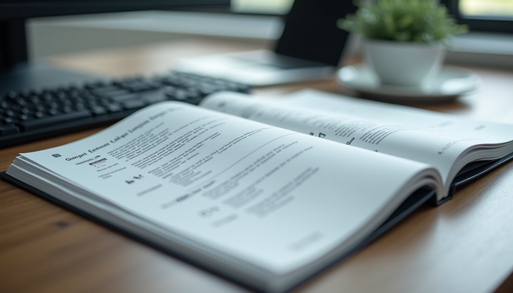 Vista frontale di un manuale operativo aperto su una scrivania ordinata