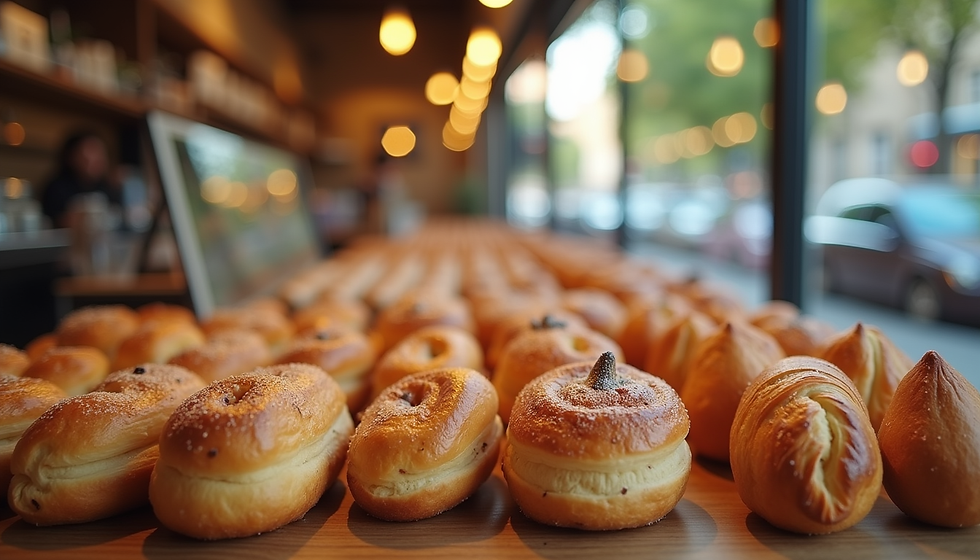 Vista frontale di una vetrina luminosa e ordinata con prodotti da colazione freschi e invitanti