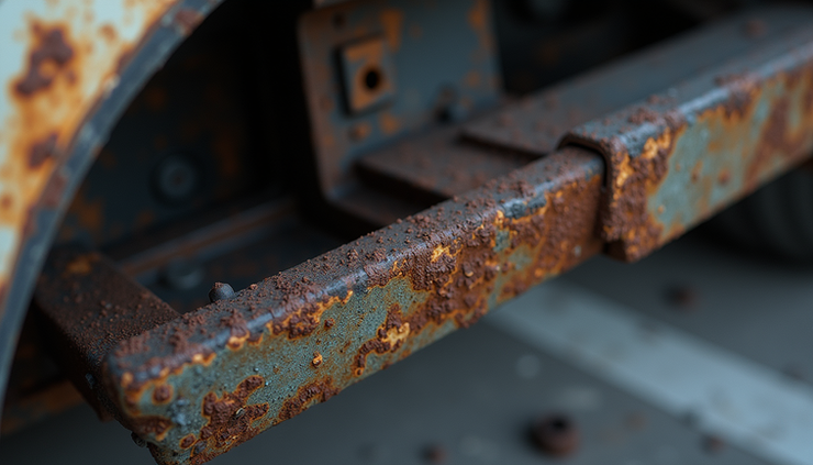 Vista ravvicinata di una carrozzeria interna con segni di ruggine e saldature irregolari