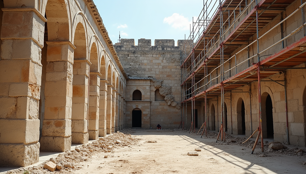 Vista frontale ravvicinata di una facciata storica in pietra con dettagli architettonici originali