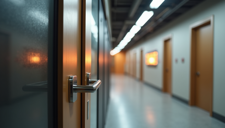 Vista frontale di una porta antincendio certificata in acciaio con vetro resistente al fuoco