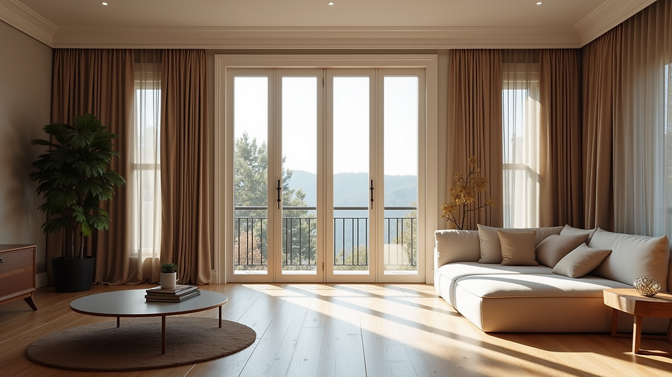 Vista panoramica di un soggiorno con porte a libro chiuse