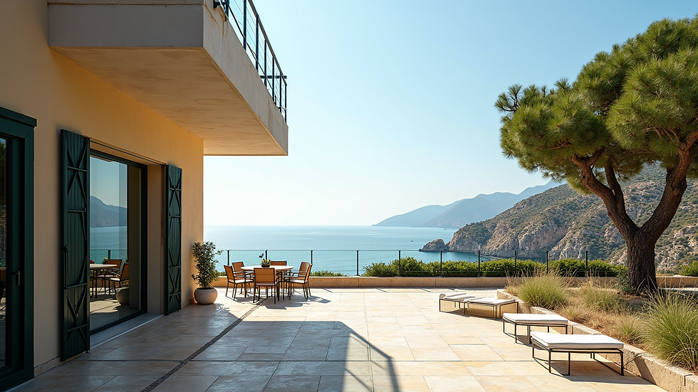 Vista frontale dell'Hotel Villa Beatrice con area parcheggio bici e vista mare a Loano