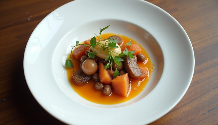 Vista dall’alto di un piatto gourmet con diverse texture e colori vivaci