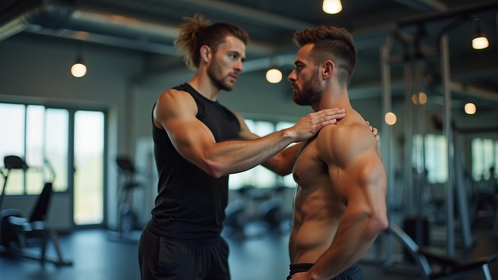 Vista frontale di un Personal Trainer che corregge la postura di un cliente durante un esercizio in palestra