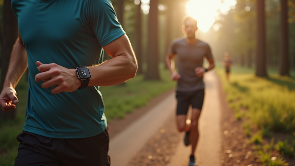 Eye-level view of a runner checking a smartwatch during a trail run