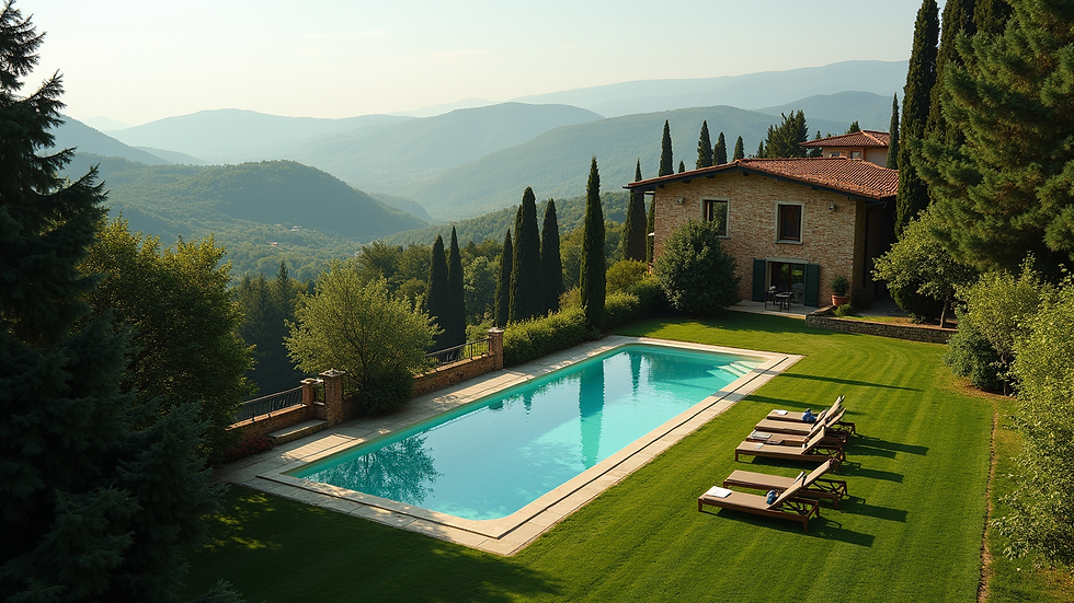 Vista aerea di una villa padronale con ampio giardino e piscina nelle colline del Monferrato