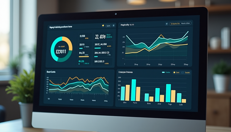 Vista frontale di un computer con dashboard di gestione costi aziendali