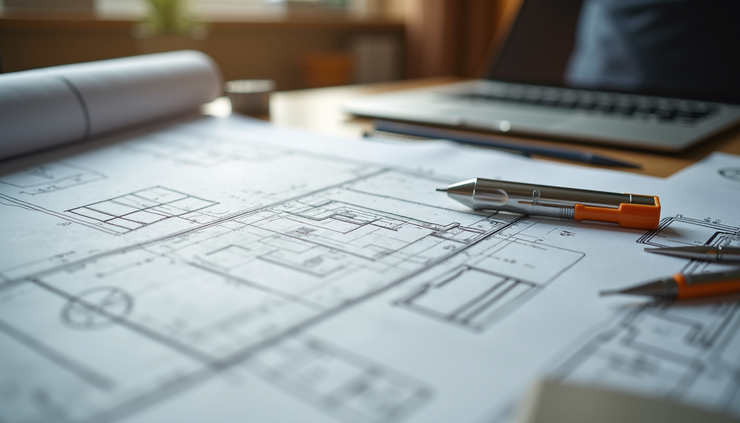 Vista laterale di un progetto architettonico dettagliato su tavolo da lavoro