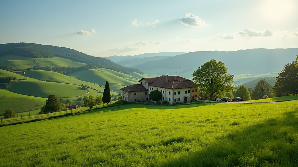 Vista panoramica di una cascina tradizionale nelle Langhe con colline verdi sullo sfondo