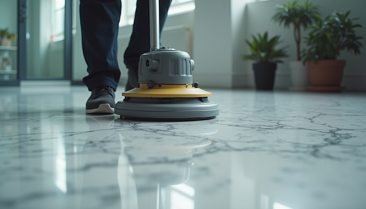 Vista laterale di una monospazzola mentre lucida un pavimento in marmo