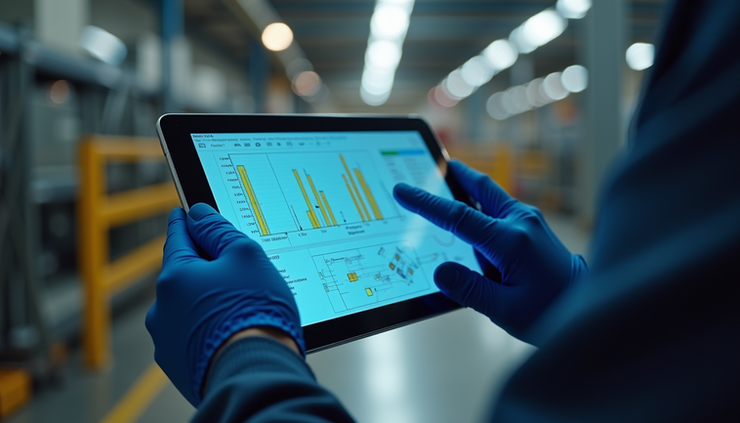 Vista frontale di un tablet con documentazione tecnica digitale aperta durante un intervento di manutenzione industriale