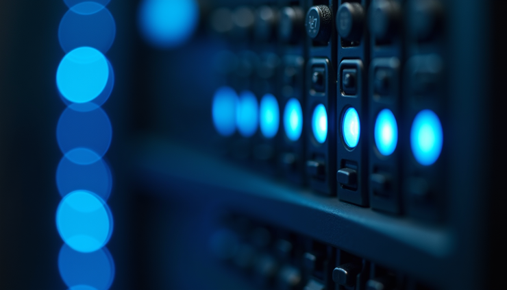 Vista frontale di un server bancario con luci LED blu che indicano attività in corso