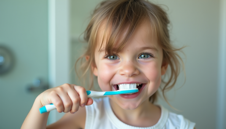Vista frontale di un bambino che si lava i denti con dentifricio al fluoro