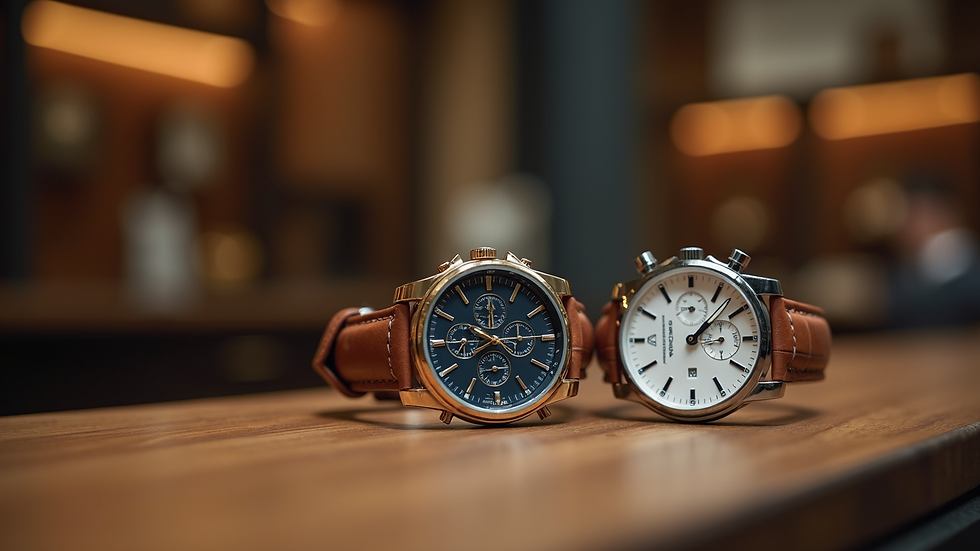 Vista frontale di una vetrina con orologi di lusso certificati esposti in boutique a Torino