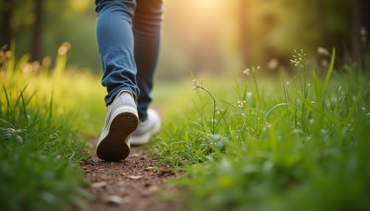 Vista ravvicinata di una persona che cammina su un sentiero naturale immerso nel verde