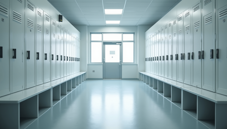 Vista frontale di uno spogliatoio aziendale pulito e ordinato con armadietti e panchine
