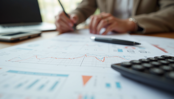 Vista laterale di documenti legali e calcolatrice su un tavolo, simbolo di gestione patrimoniale nella separazione