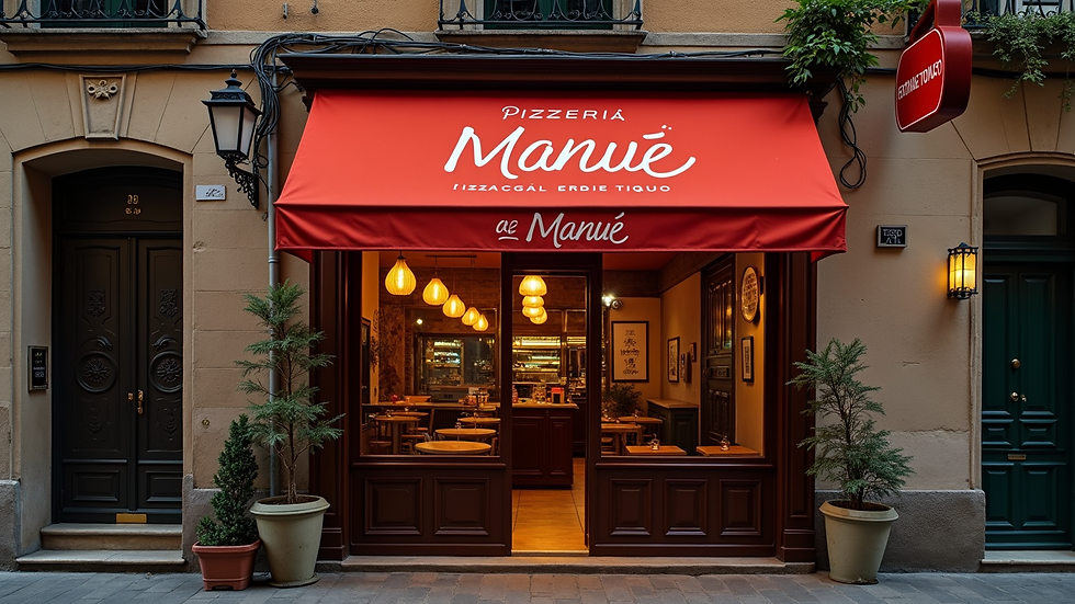 Vista a livello strada della facciata di Pizzeria Manuè a Feletto con insegna luminosa
