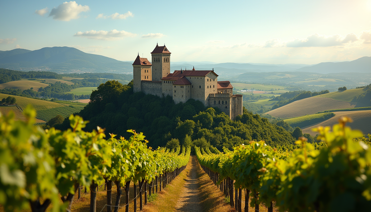 Vista panoramica del Castello della Rovere immerso nel paesaggio collinare