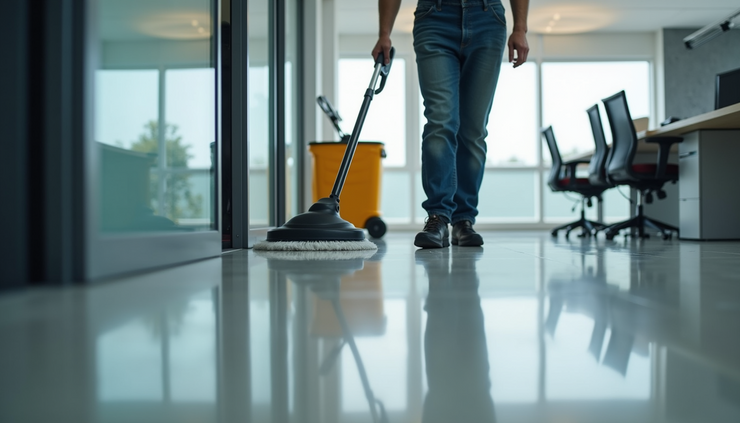 Vista ravvicinata di un operatore che pulisce un pavimento in un ufficio moderno