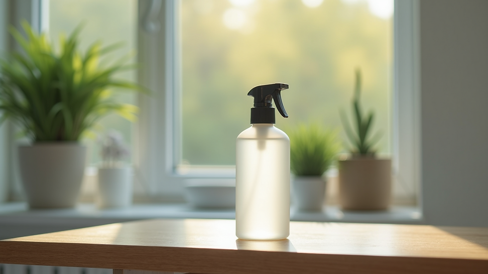 Close-up view of a cleaning solution bottle on a wooden surface