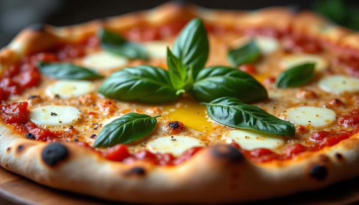 Vista ravvicinata di una pizza napoletana appena sfornata con foglie di basilico fresco e un filo di olio EVO