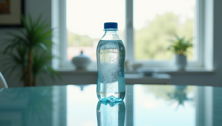 Vista a livello occhi di una bottiglia di acqua arricchita con idrogeno molecolare su un tavolo di vetro