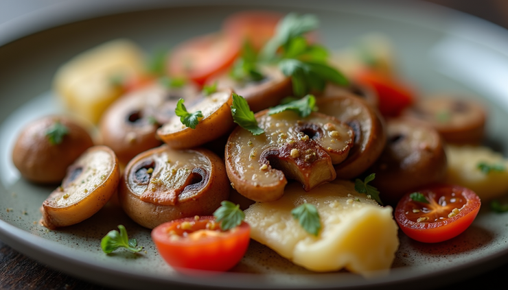 Vista ravvicinata di un piatto con ingredienti ricchi di umami come funghi, pomodori secchi e parmigiano