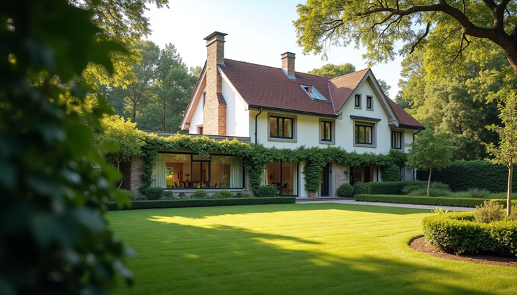 Vista a livello occhi di una villetta con nuovi infissi e giardino curato