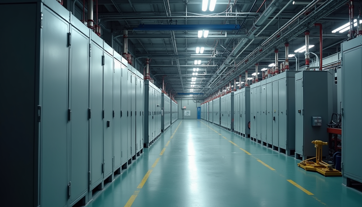 Vista dall'alto di un nuovo impianto elettrico industriale installato in un capannone a Torino