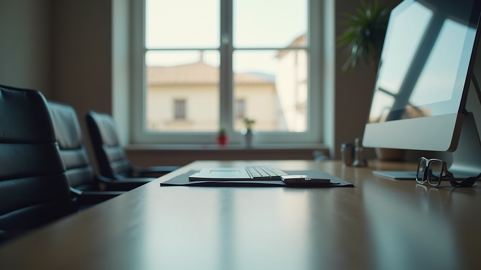 Vista frontale di un ufficio legale con documenti e computer