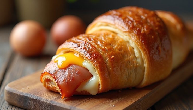 Vista ravvicinata di un croissant salato con formaggio fuso e prosciutto cotto