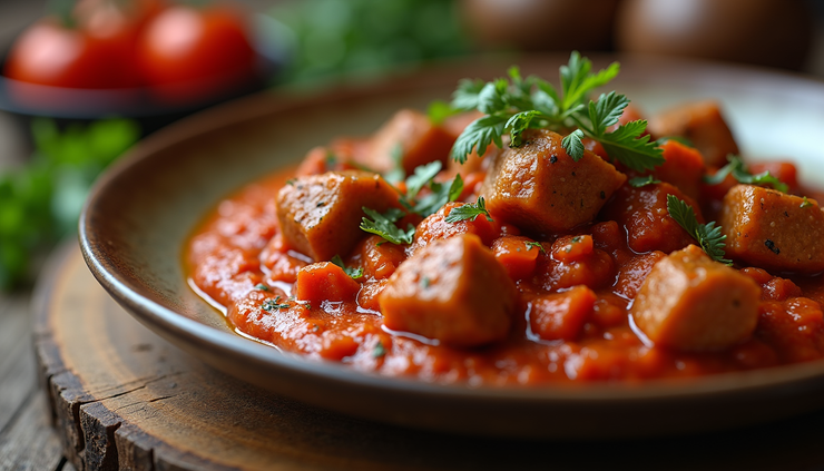 Vista ravvicinata di un piatto di finanziera piemontese con carne e salsa densa