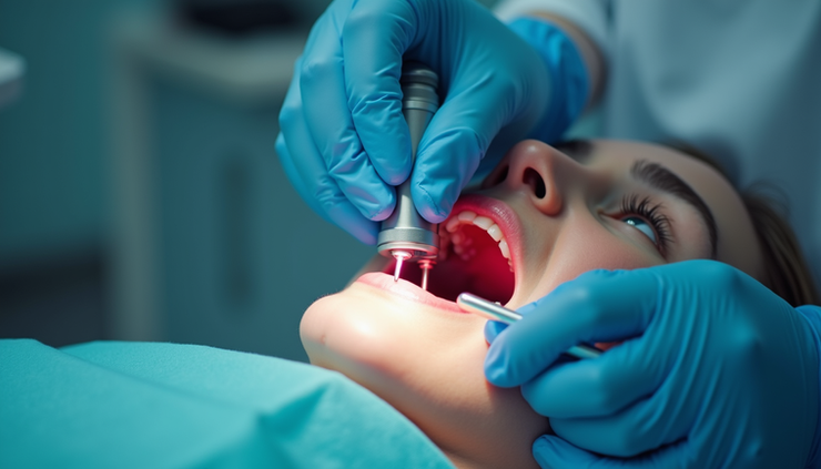 Vista ravvicinata di un trattamento laser dentale in corso a Torino