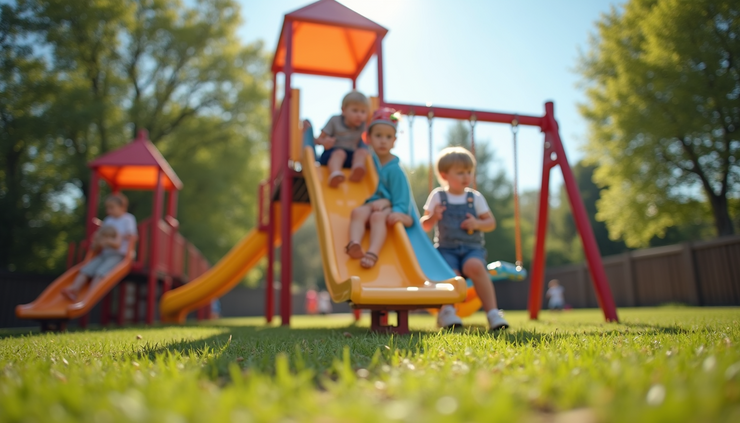 Vista a livello degli occhi del parco giochi esterno con bambini che si divertono su scivoli e altalene