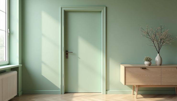 Vista laterale di porta laccata verde pastello opaca in ambiente domestico con mobili in legno chiaro