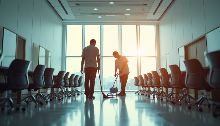 Vista dall’alto di un team Green Life Multiservices mentre pulisce una grande sala conferenze