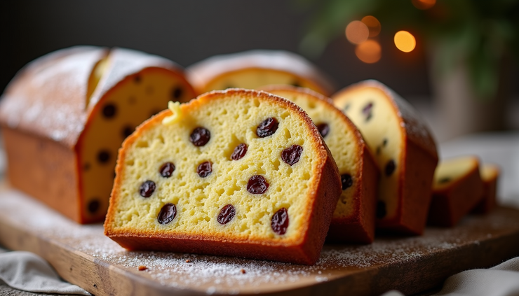 Vista laterale di un panettone senza uvetta tagliato a fette con mollica soffice