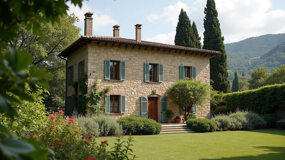 Dettaglio di una casa in pietra tipica del Monferrato con giardino fiorito