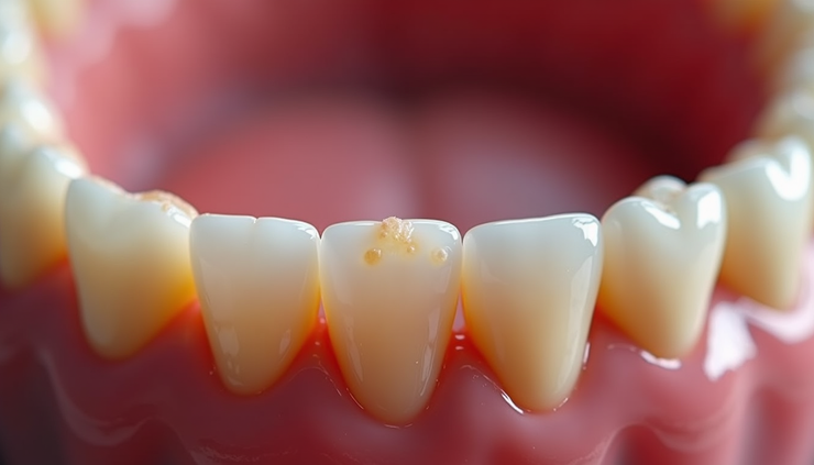 Vista ravvicinata di gengive infiammate con placca dentale