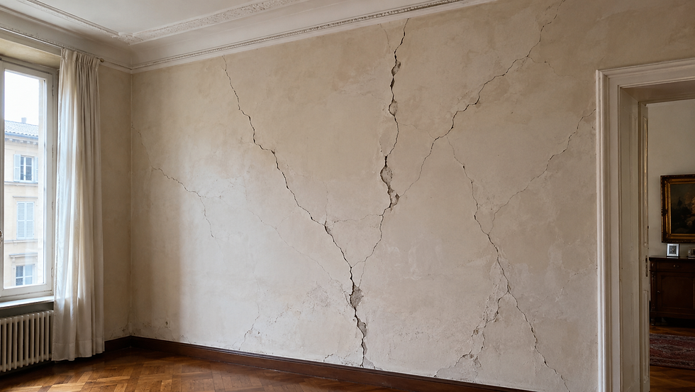 Vista ravvicinata di crepe profonde su muro interno di casa