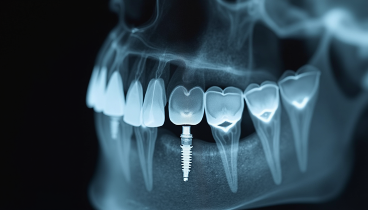 Vista laterale di radiografia dentale con impianto integrato nell'osso