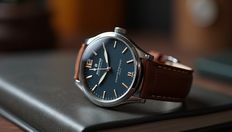 Vista laterale di un orologio di lusso con cassa in acciaio e cinturino in pelle