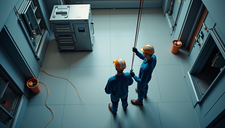 Vista dall’alto di tecnici che installano un sistema integrato di impianti in un edificio commerciale