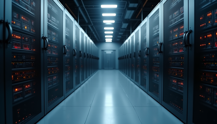 Vista a livello occhi di una sala server con sistemi di backup attivi
