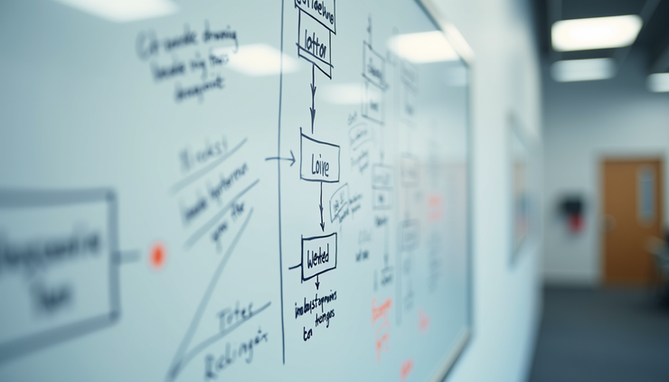 Vista frontale di una lavagna con diagrammi di flusso e note organizzative